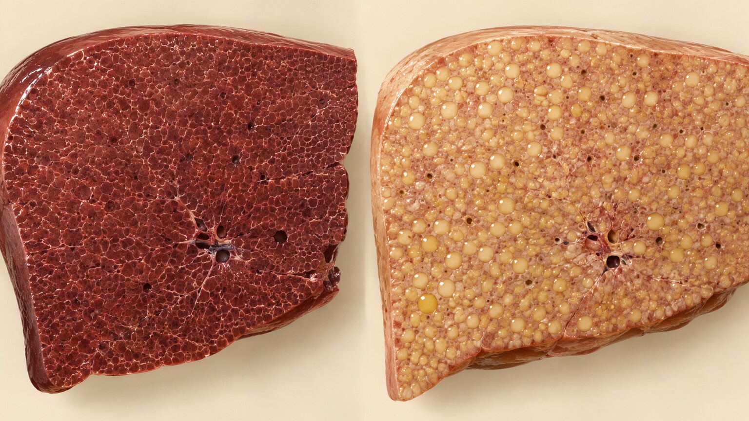 Detailed medical illustration comparing a healthy liver lobe to one with fatty steatosis showing yellow fat droplets accumulated inside liver cells