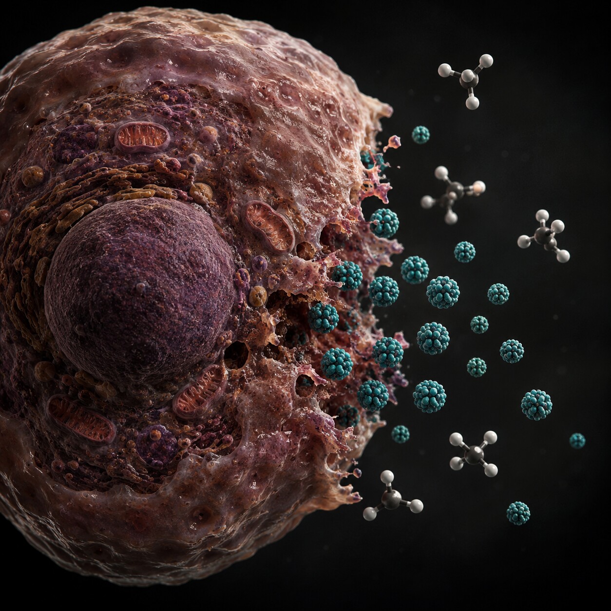 Scientific illustration of a stressed hepatocyte liver cell membrane rupturing and releasing stored ferritin molecules due to chronic alcohol exposure