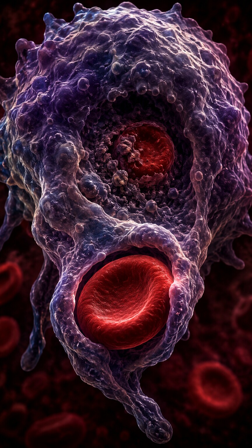 Portrait scientific illustration of an overactive macrophage immune cell engulfing a healthy red blood cell during hemophagocytic lymphohistiocytosis