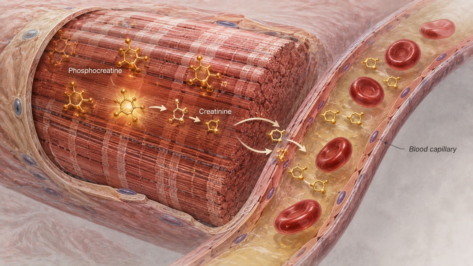 Scientific illustration of a muscle cell releasing creatinine molecules into a nearby blood capillary