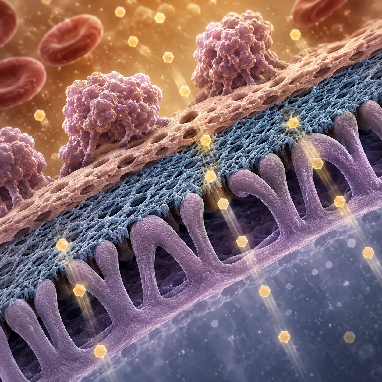 Close-up illustration of the glomerular filtration membrane letting small creatinine molecules pass while blocking larger proteins