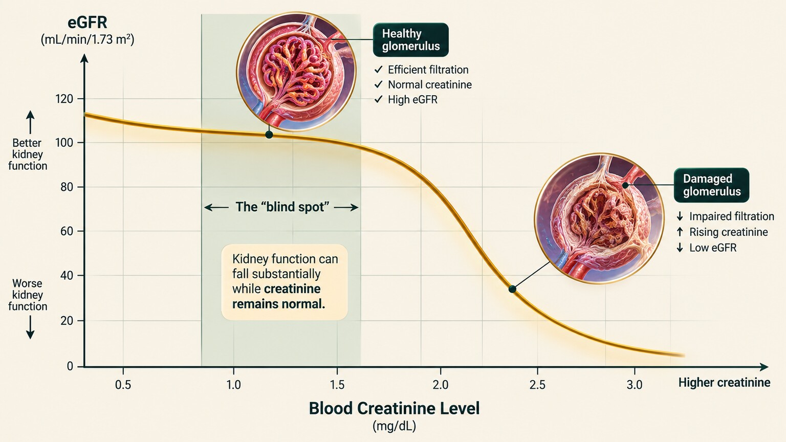 Scientific diagram illustrating the curved, inverse relationship between blood creatinine level and kidney filtration rate