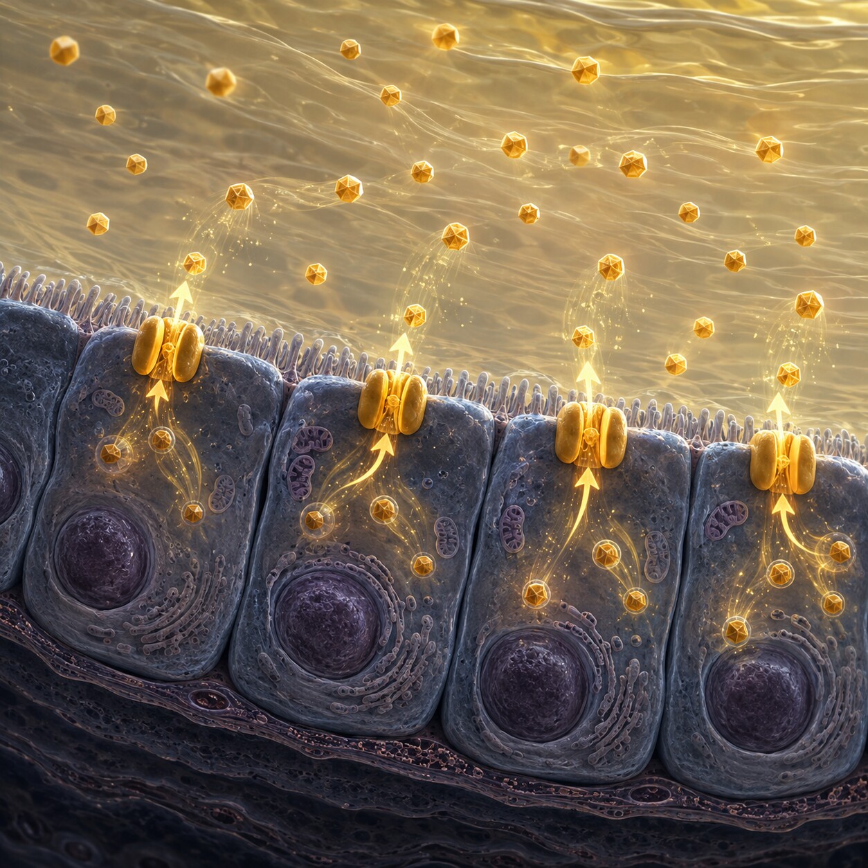 Illustration of a kidney tubule actively secreting extra creatinine molecules into urine alongside the filtered amount