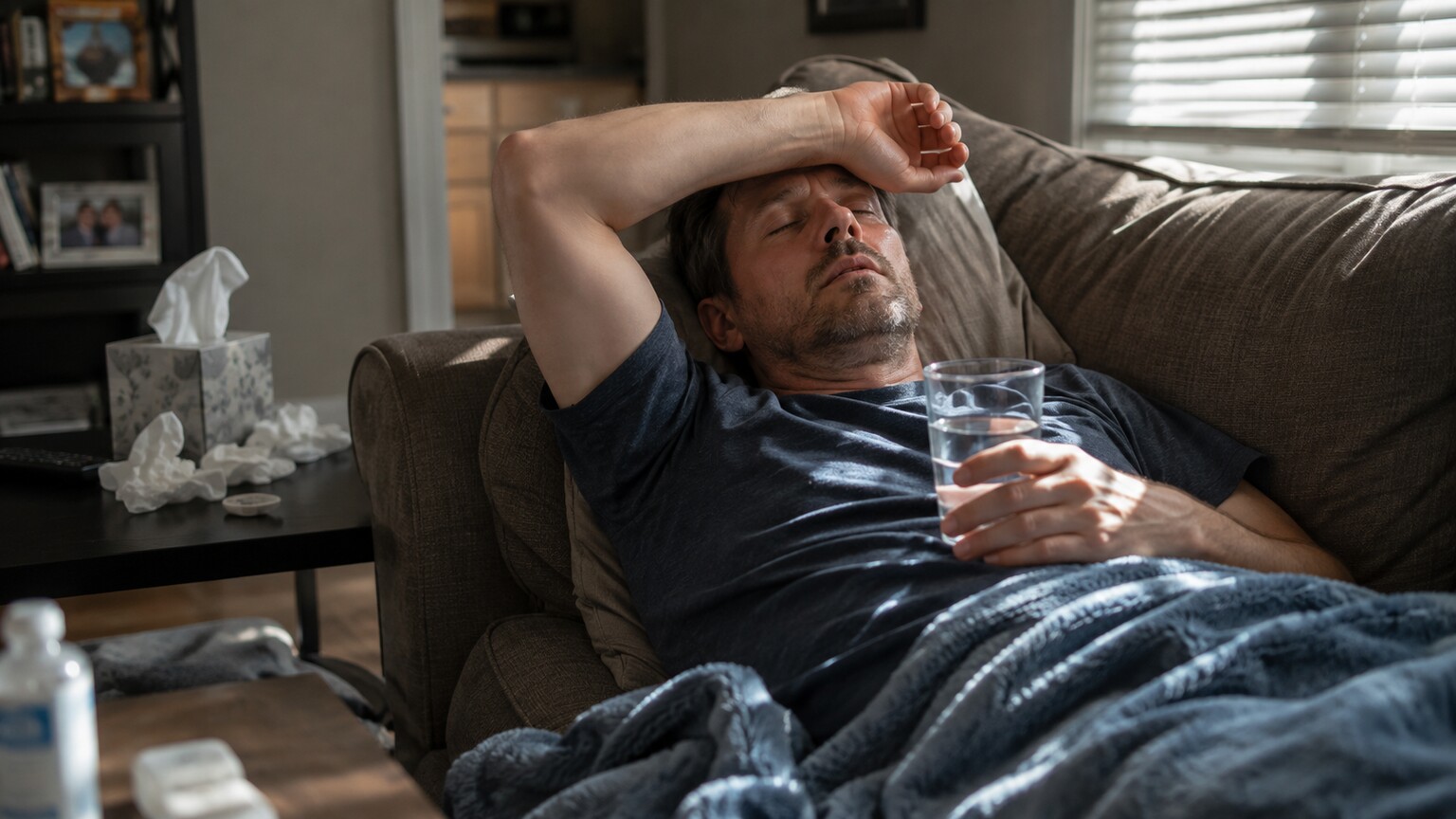 Person resting on a couch at home looking unwell while drinking water during a bout of illness and dehydration