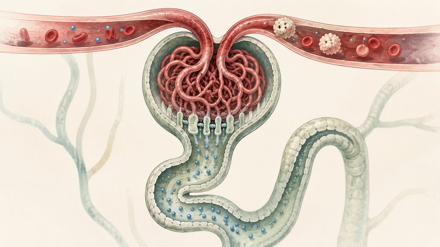 Scientific illustration of a kidney nephron showing blood entering the glomerulus and small creatinine molecules passing into the filtrate