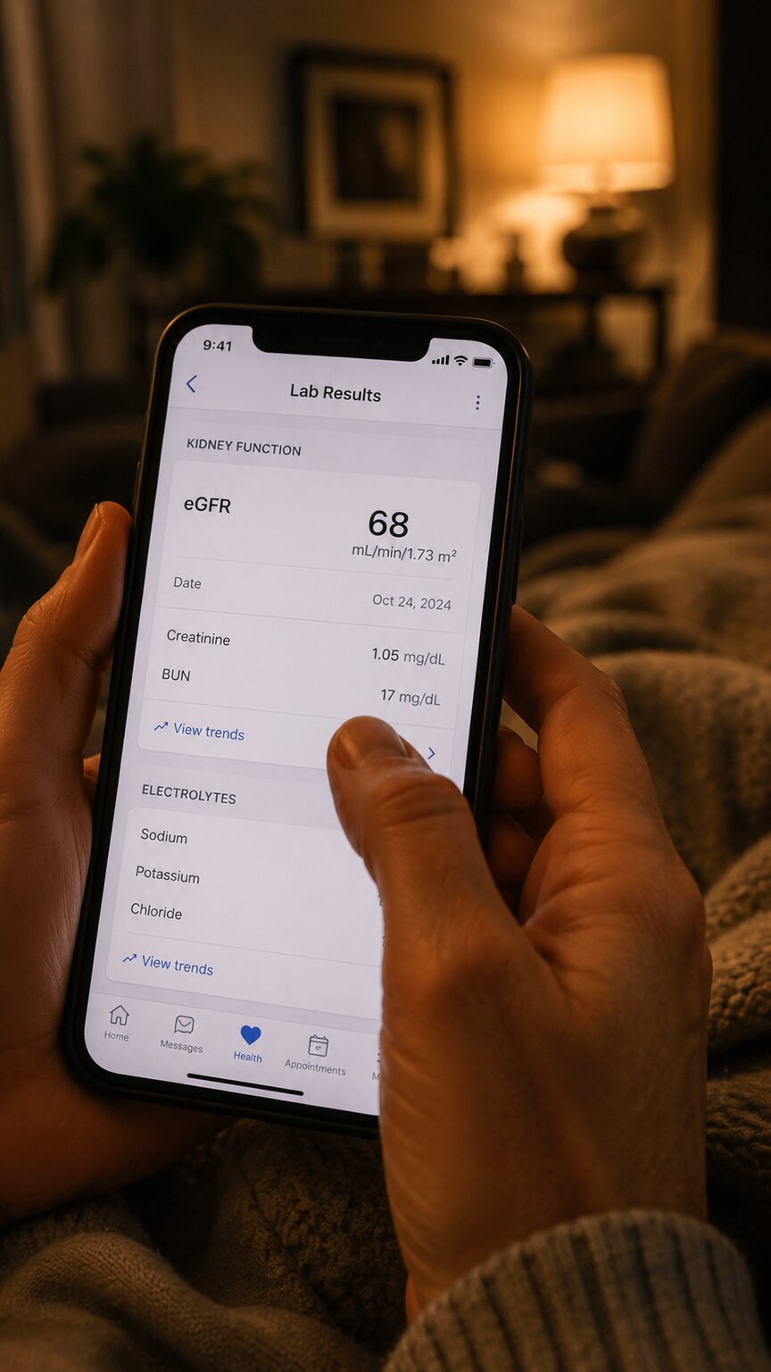 Close-up over-the-shoulder view of a person scrolling a patient portal app on their phone to check an eGFR result at night