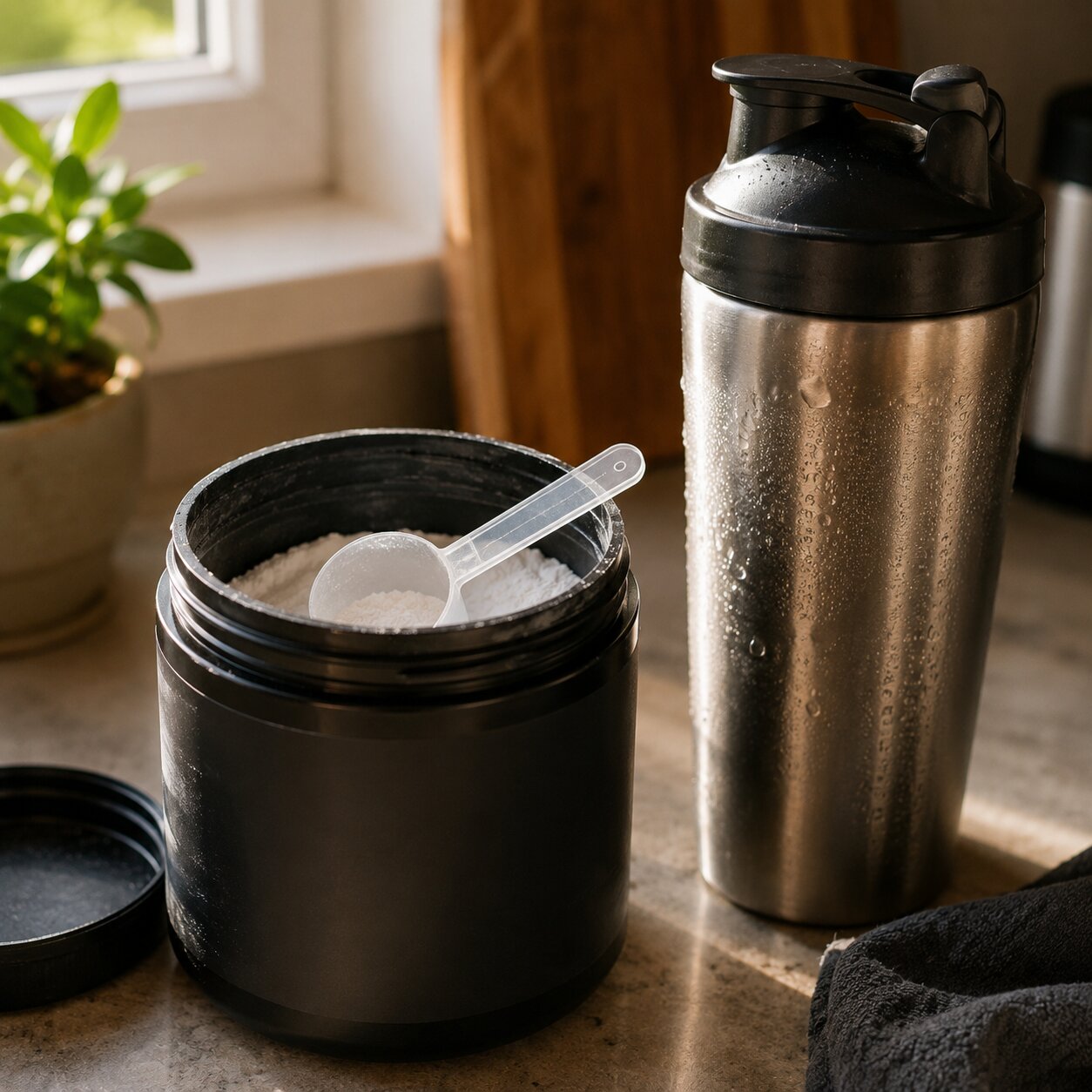 Close-up of a creatine supplement scoop and tub next to a shaker bottle on a kitchen counter