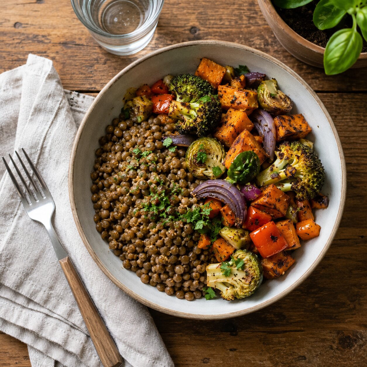 Overhead view of a home-cooked plant-based meal of lentils and roasted vegetables on a kitchen table