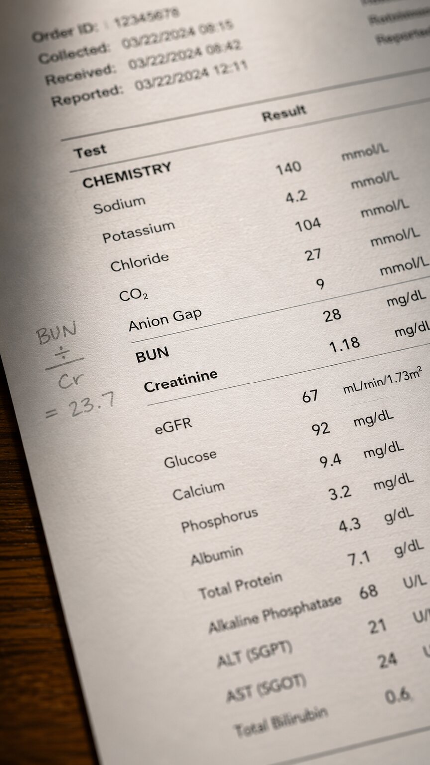 Close-up of a printed lab report showing the BUN and creatinine rows side by side with a handwritten ratio calculation in the margin