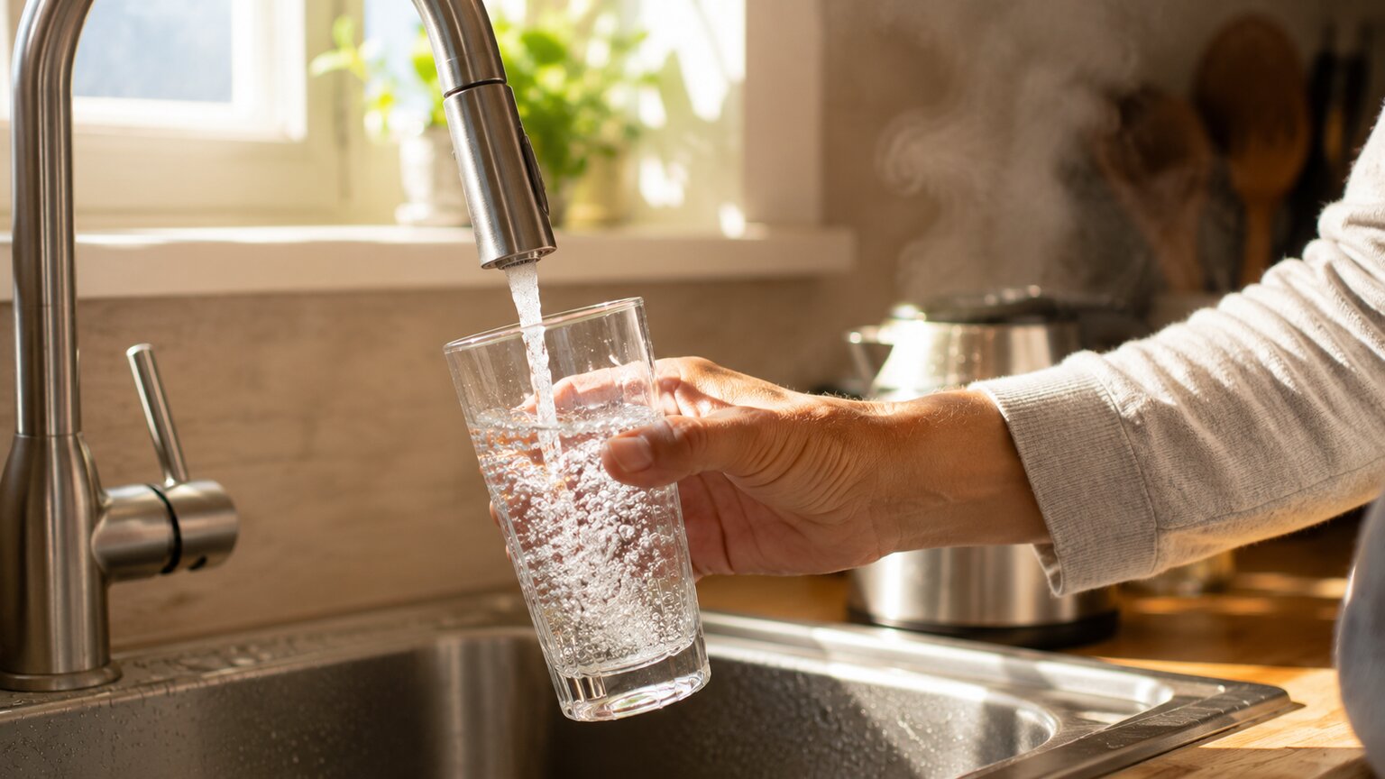 Person filling a large glass of water at a kitchen sink in the morning light before heading out for the day