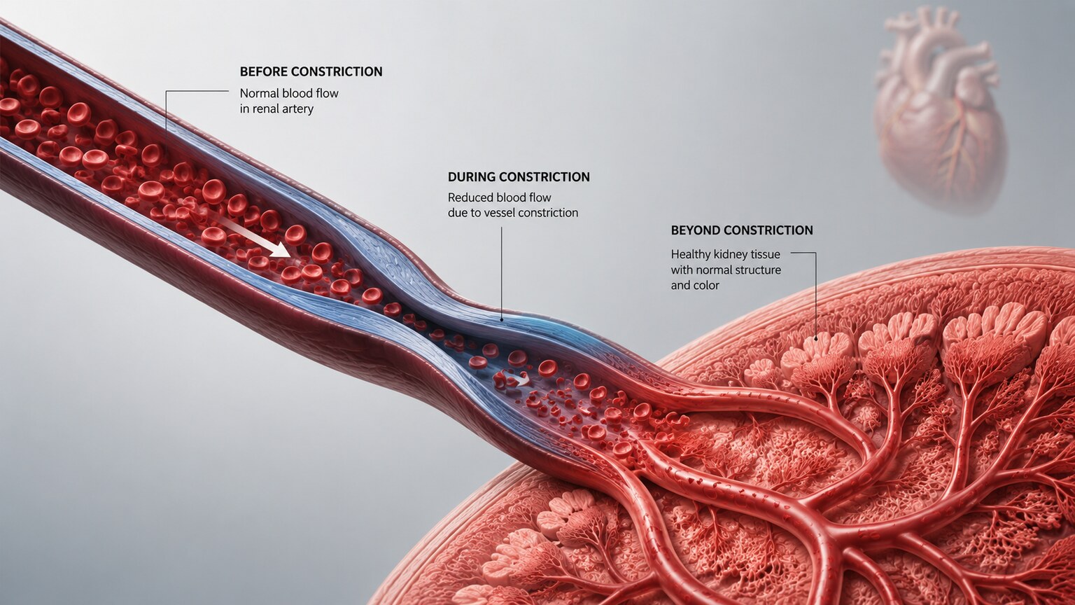 Scientific illustration of a narrowed renal artery delivering reduced blood flow into an otherwise healthy kidney