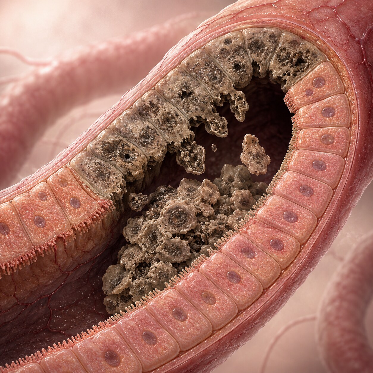 Scientific illustration of dying kidney tubule cells sloughing off into the tubule lumen during acute tubular necrosis