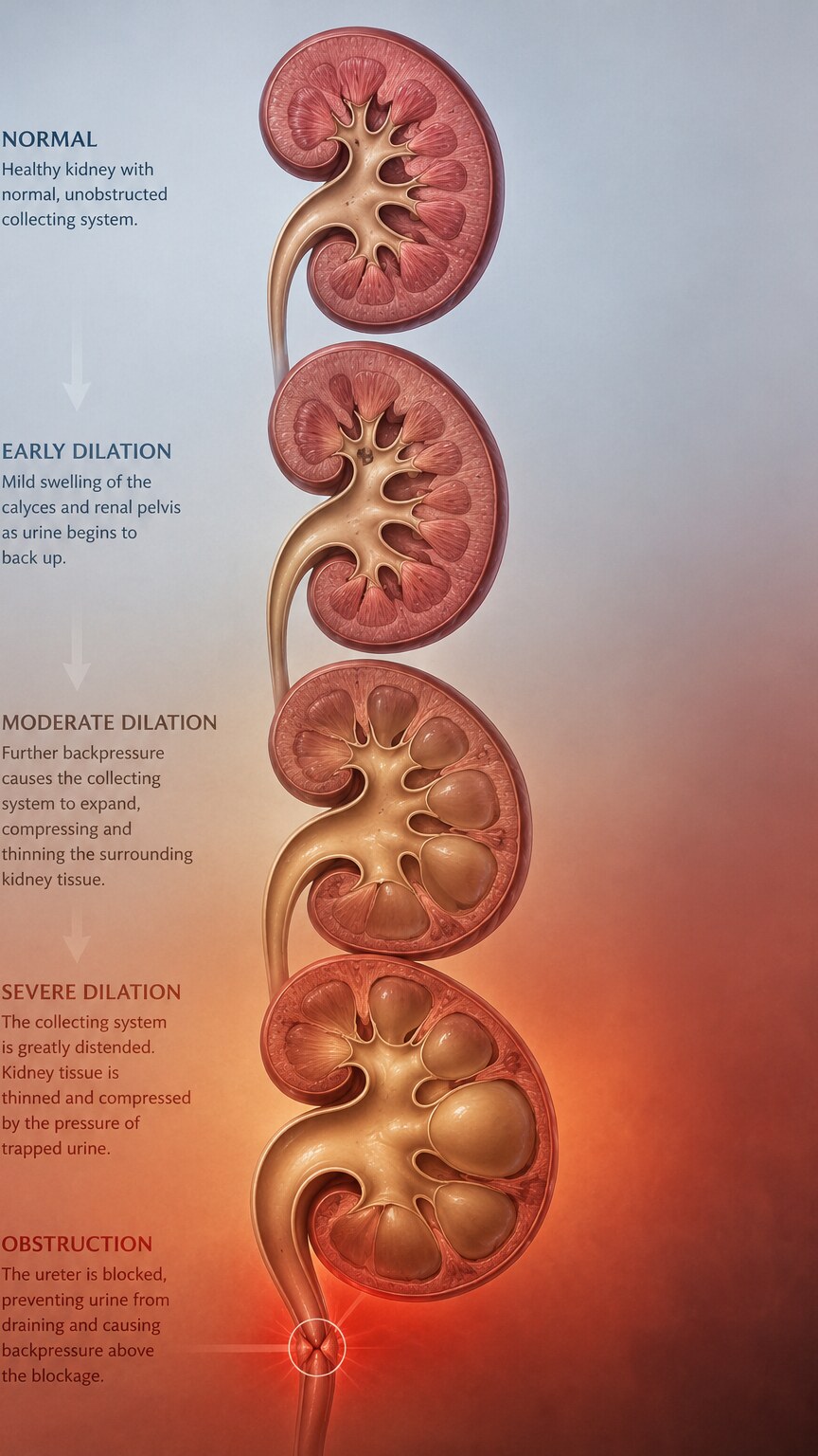 Scientific illustration of hydronephrosis, showing a kidney's collecting system dilated and swollen from a downstream urinary blockage