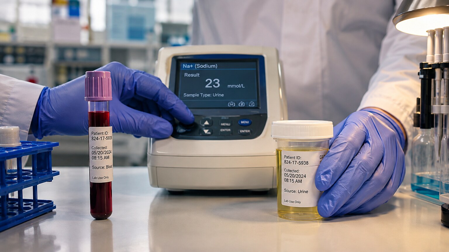Laboratory technologist analyzing paired urine and blood samples side by side to calculate a fractional excretion of sodium result