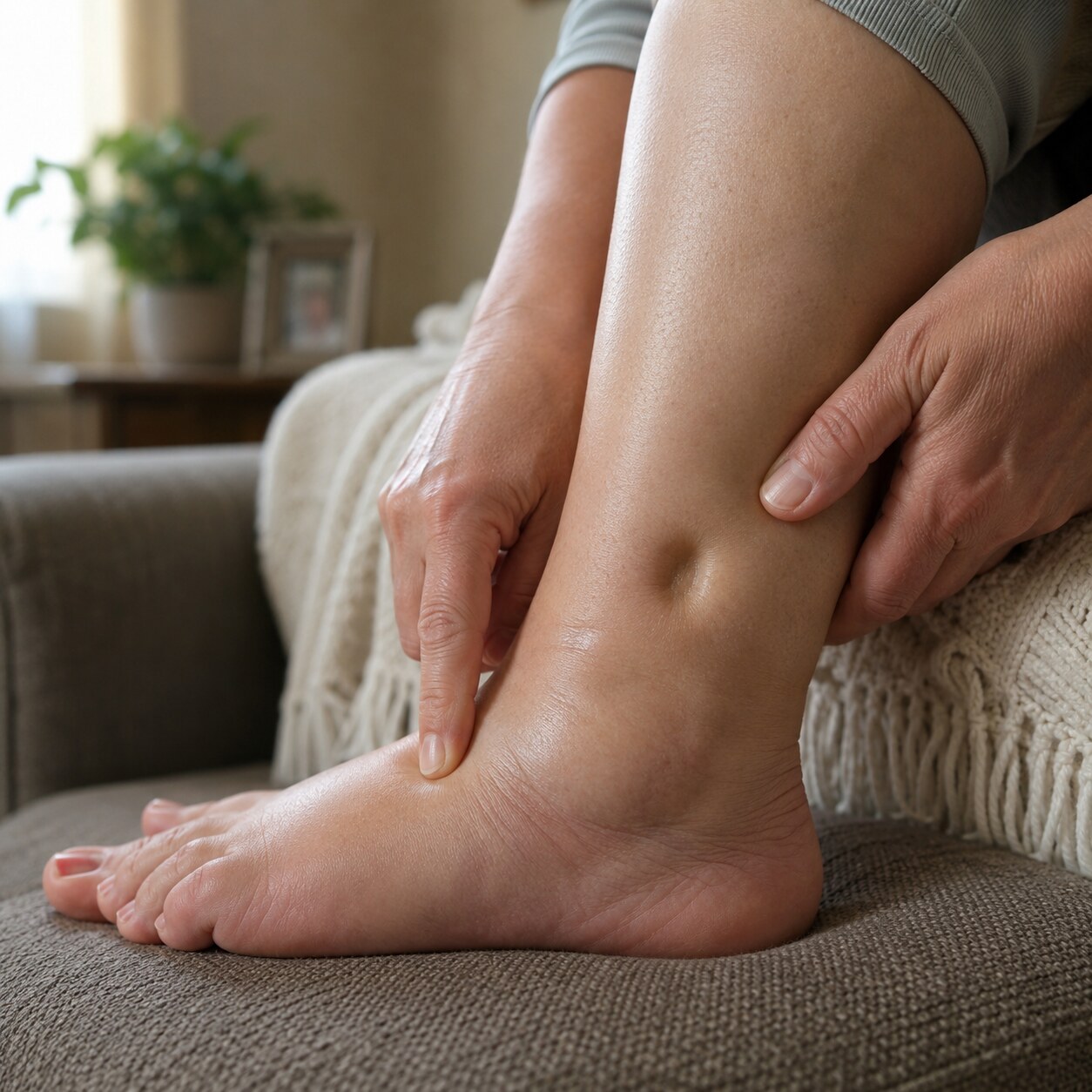 Close-up of visibly swollen ankles from fluid retention, a common symptom when reduced kidney filtration allows fluid to build up