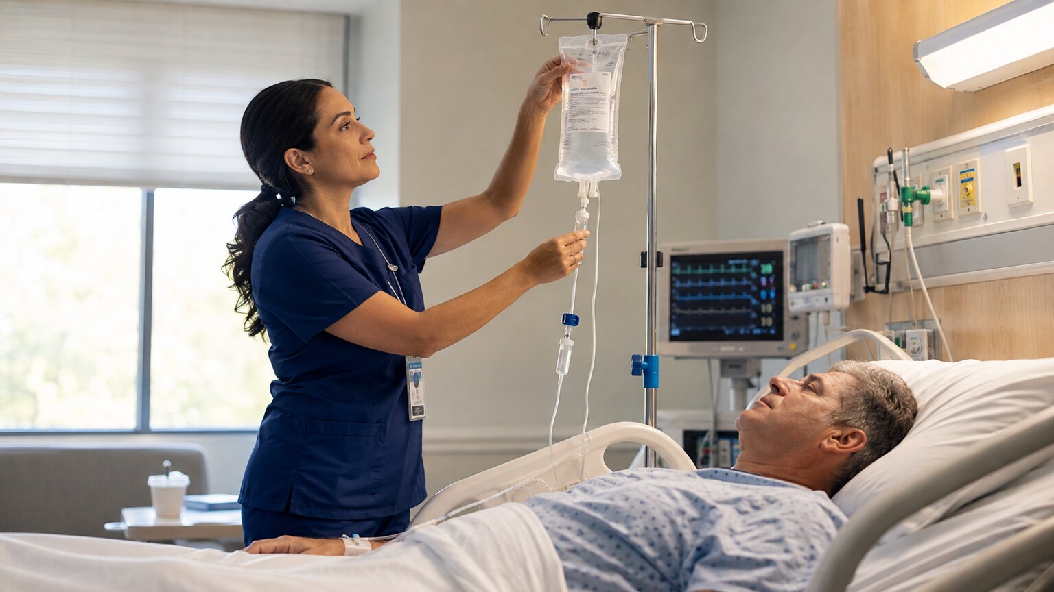 Nurse hanging an IV fluid bag at a hospital bedside as part of treating a prerenal cause of elevated creatinine