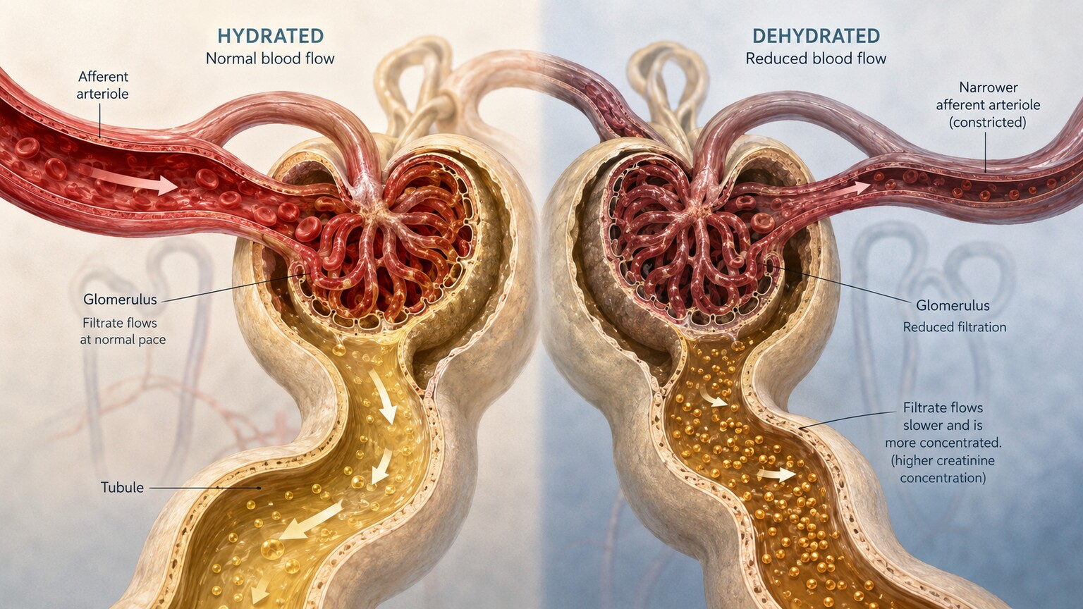 Scientific cross-section illustration of a kidney nephron showing reduced blood flow and concentrated creatinine during dehydration
