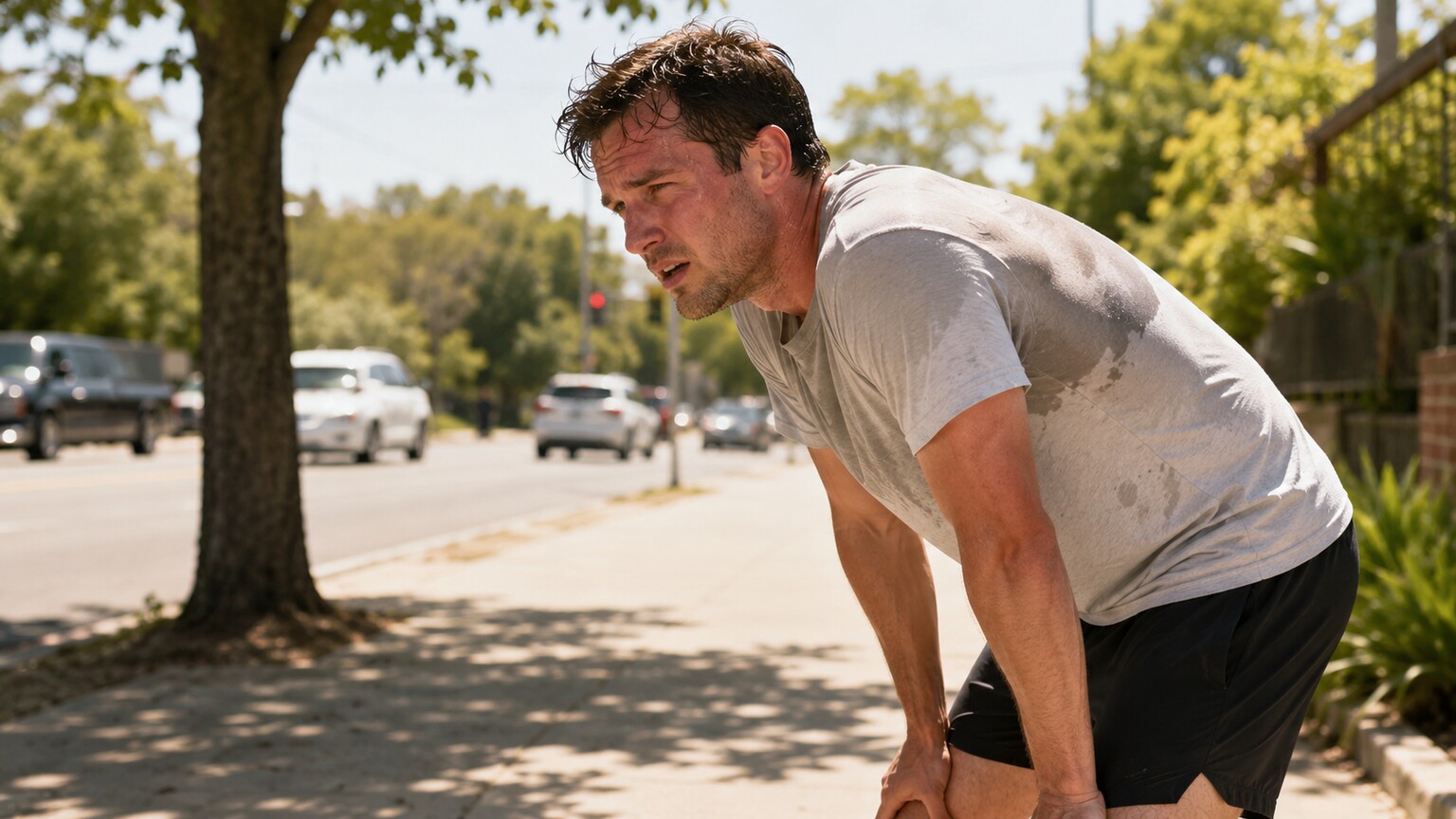 A runner in their 30s bent over on a sidewalk in bright midday sun, visibly overheated and dehydrated after a long outdoor run