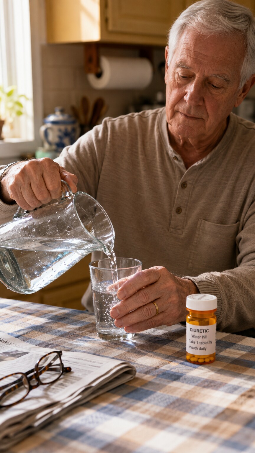 An older adult at a kitchen table pouring water next to a blood pressure diuretic pill bottle, illustrating a common dehydration risk factor