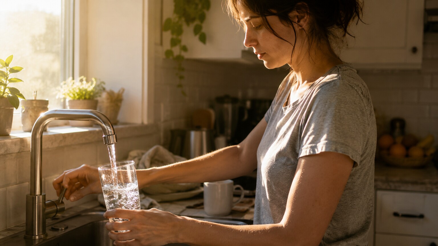 Person filling a large glass of water at a kitchen sink in the morning, a simple step often used to confirm whether an elevated creatinine was dehydration-related