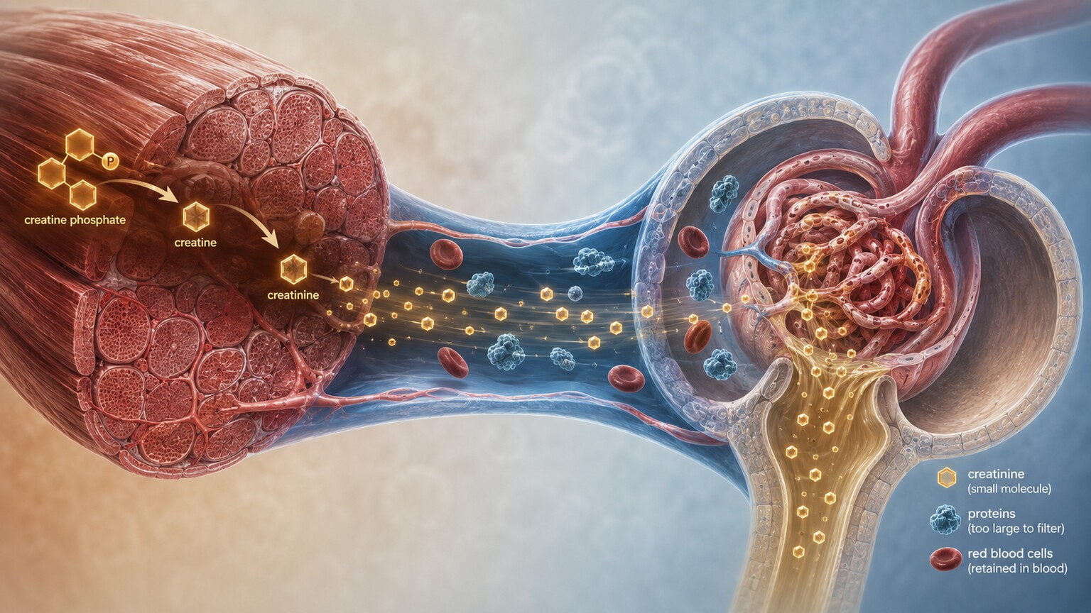 Illustration of creatine phosphate breaking down into creatinine in muscle and filtering through a kidney glomerulus