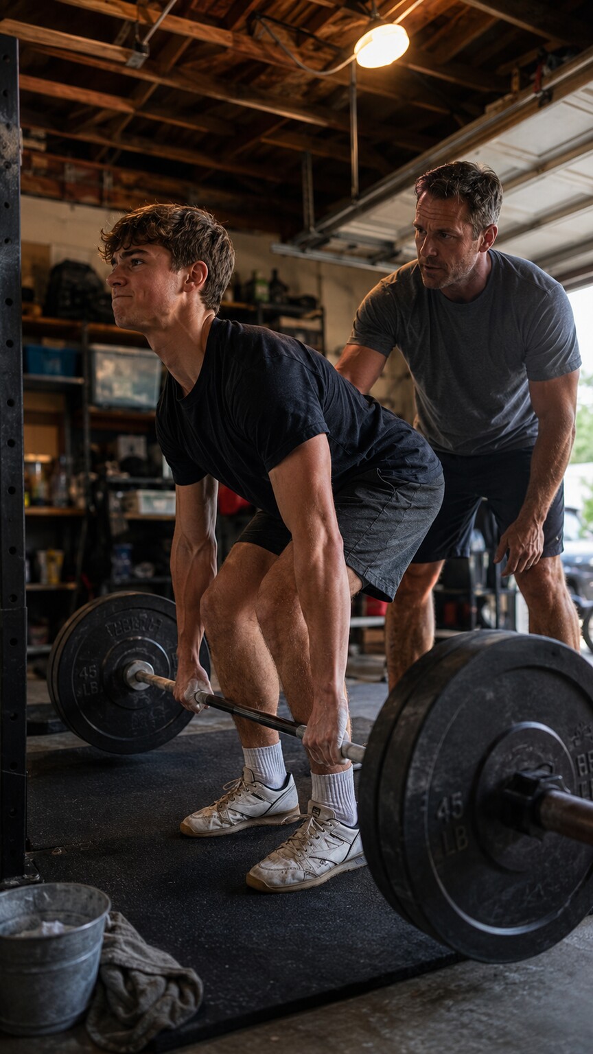 Teenage boy deadlifting in a home garage gym spotted by his father, illustrating testosterone-driven muscle growth