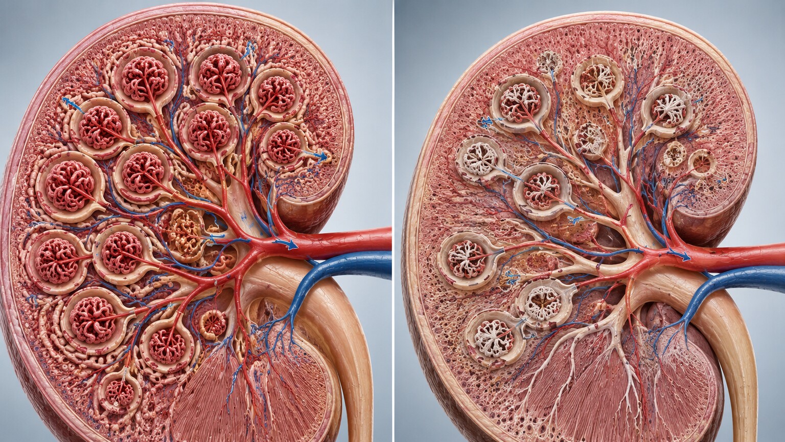 Cross-section illustration comparing a young kidney's glomeruli to fewer, scarred glomeruli in an aging kidney
