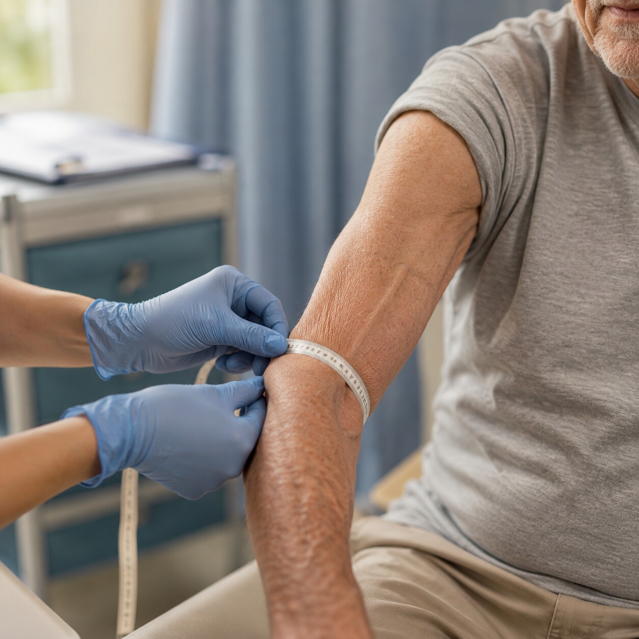 Close-up of a clinician measuring an elderly patient's forearm circumference to assess age-related muscle loss