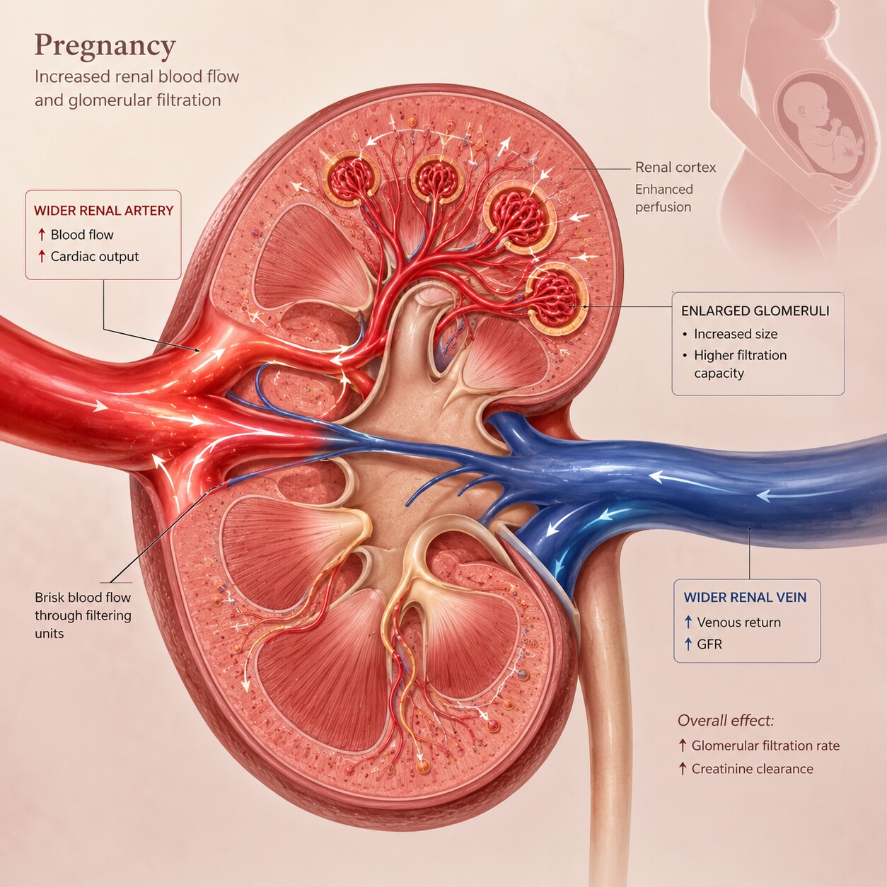 Scientific illustration of increased blood flow and filtration rate in a pregnant woman's kidney compared to baseline