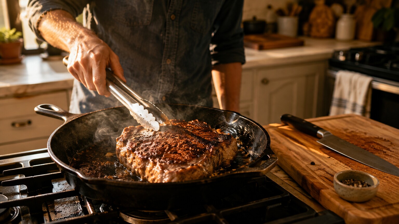 Person grilling a well-done steak in a home kitchen, illustrating how cooked meat temporarily raises creatinine