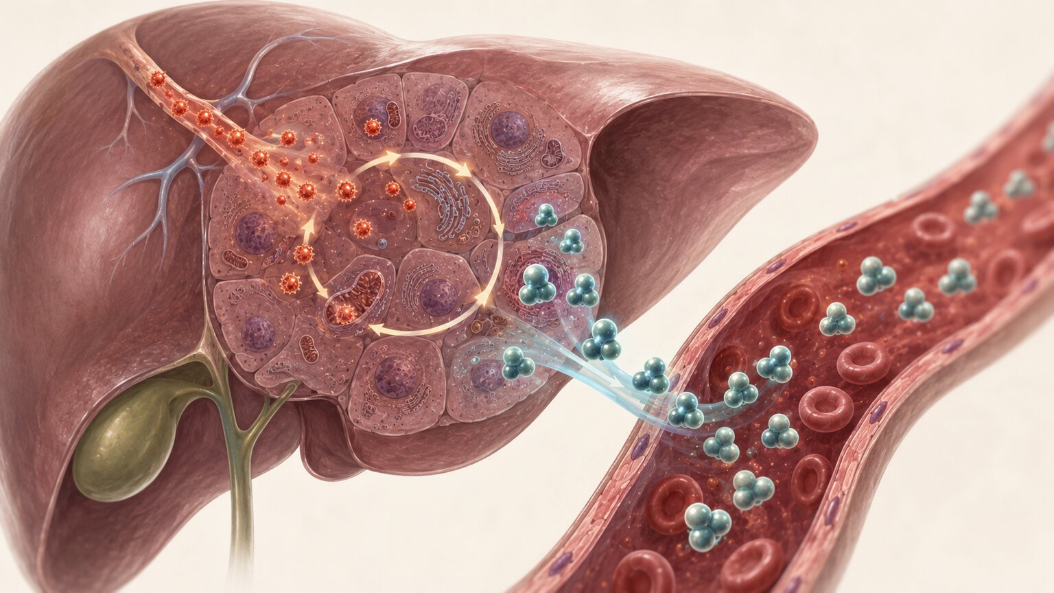 Scientific illustration of the liver's urea cycle converting ammonia molecules into urea before release into the bloodstream