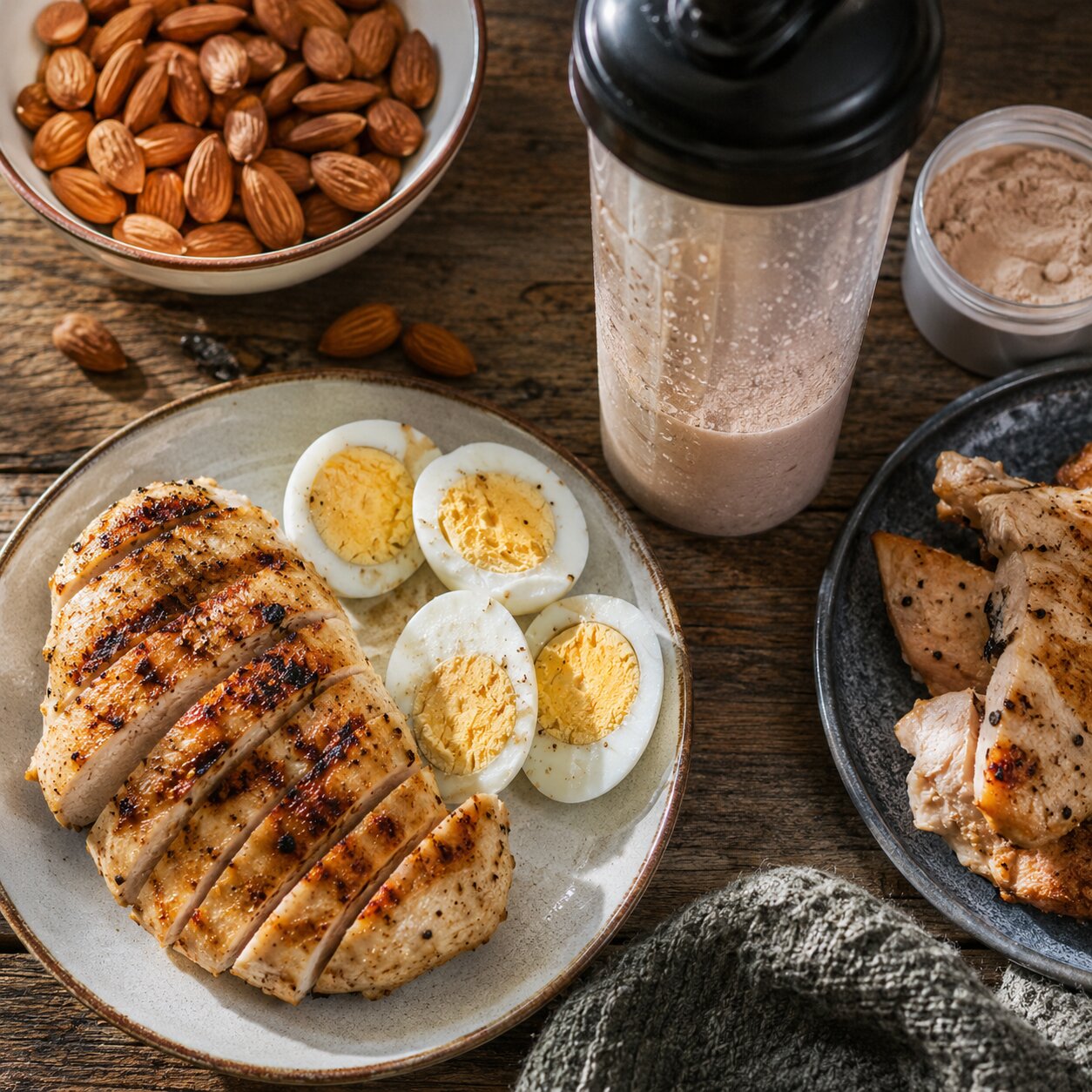 Overhead photo of a high-protein meal spread including grilled chicken, hard-boiled eggs, and a protein shake on a kitchen table