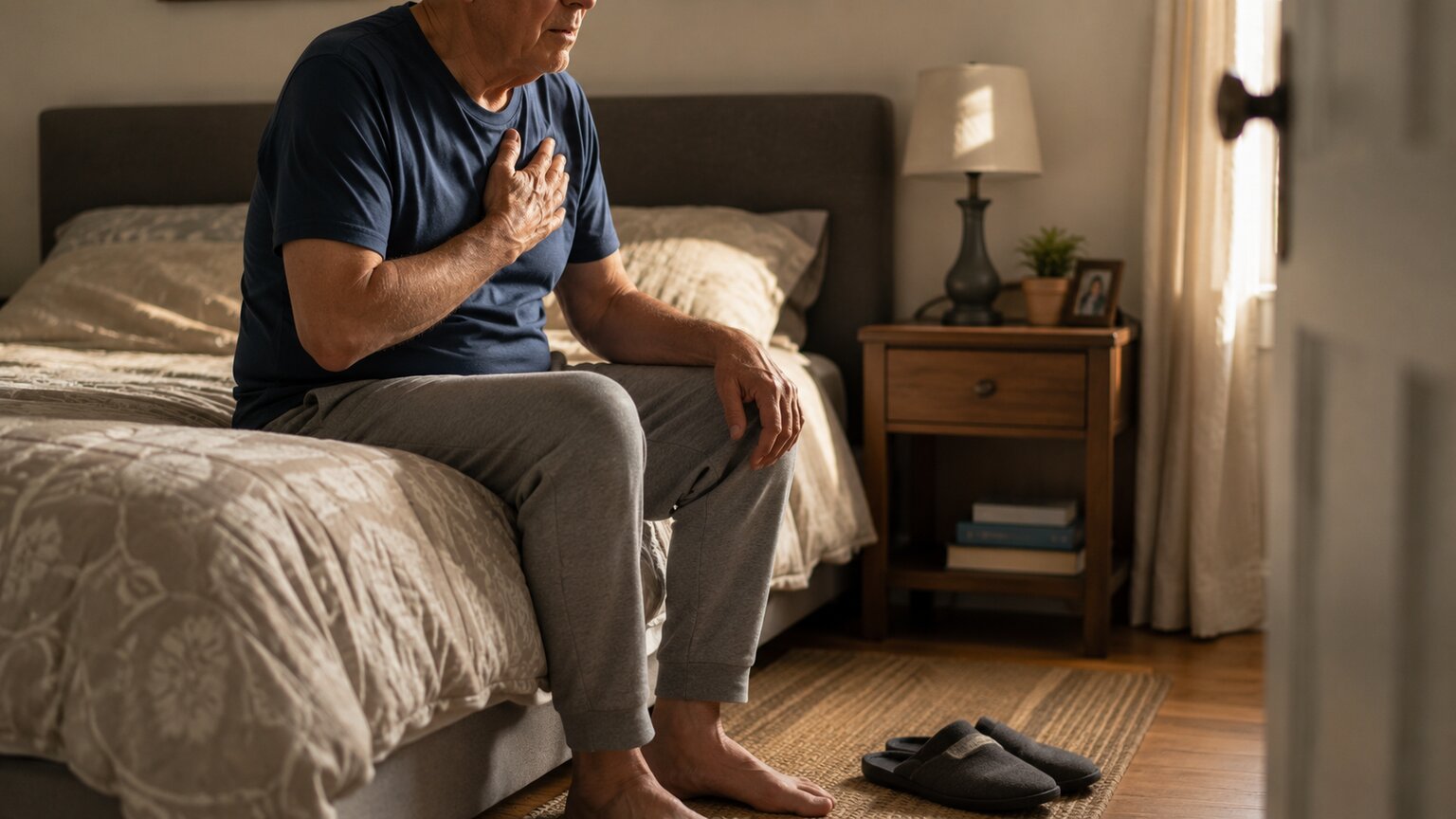 Person sitting on the edge of a bed in the morning, resting a hand on their chest while catching their breath before standing