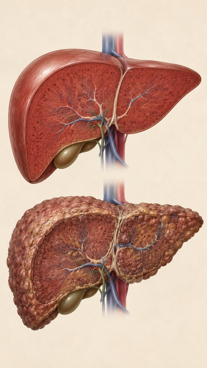 Scientific illustration comparing healthy liver tissue with scarred cirrhotic liver tissue, showing reduced urea cycle activity
