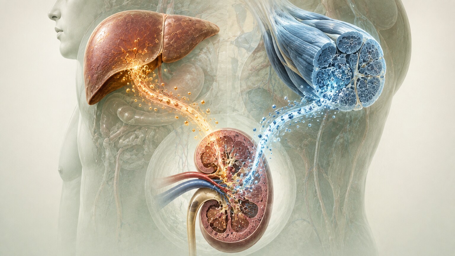 Scientific illustration of urea from the liver and creatinine from muscle both flowing into the kidney's filter
