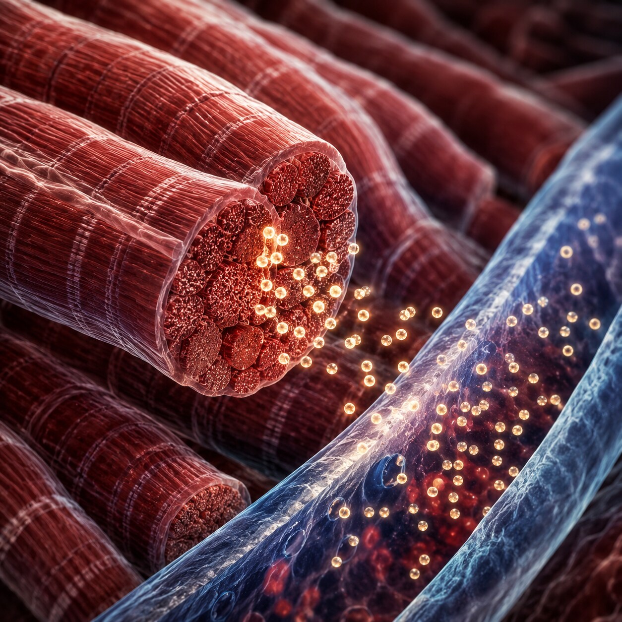 Close-up scientific illustration of a muscle fiber releasing creatinine molecules into a nearby blood capillary