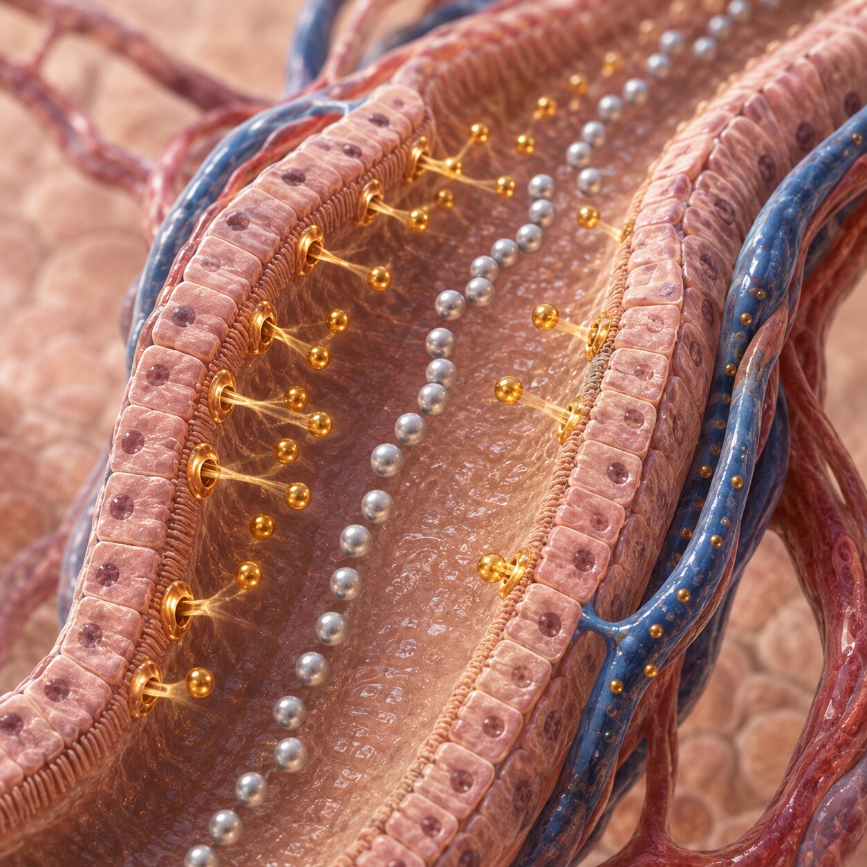 Scientific cross-section of a kidney tubule showing urea being reabsorbed back into blood while creatinine passes through untouched