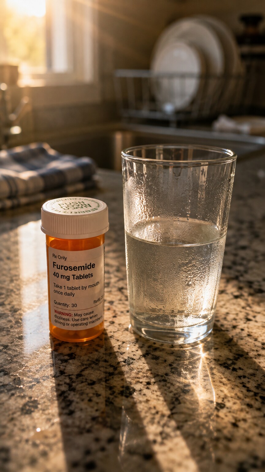 Elderly person's kitchen counter with a diuretic prescription bottle beside a half-empty glass of water in morning light