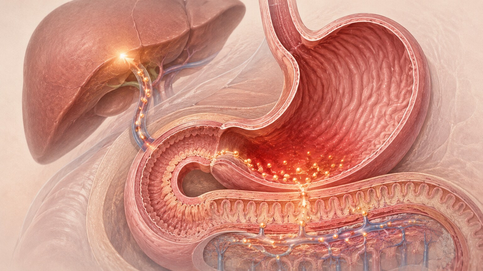 Scientific illustration of the upper digestive tract absorbing broken-down blood proteins that travel to the liver as urea precursors
