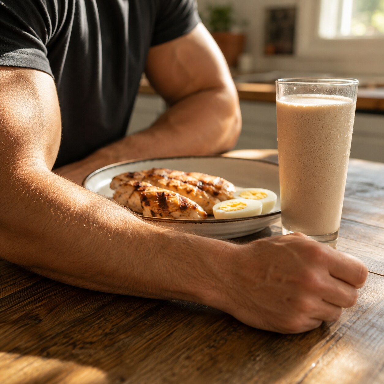 A muscular forearm resting on a table beside a plate of grilled chicken, eggs, and a protein shake