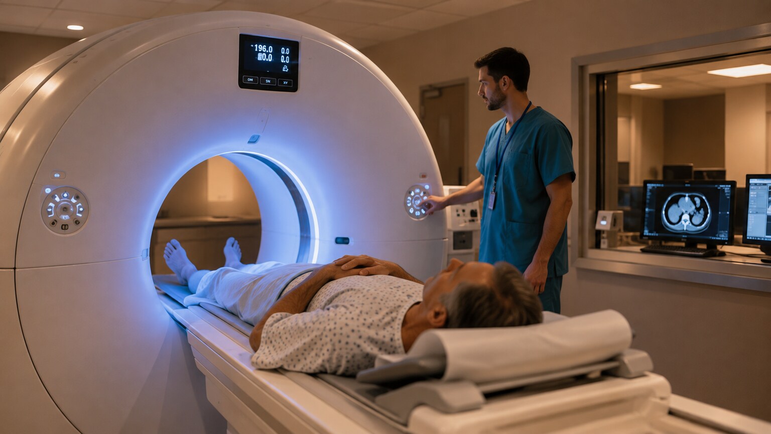 Patient lying on a CT scanner table while a technologist prepares imaging that requires an intravenous contrast dye