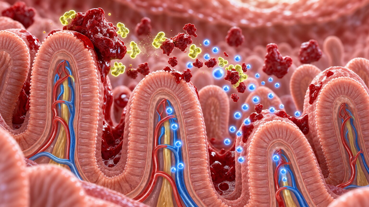 Scientific illustration of blood proteins being digested within the small intestine and absorbed as amino acids