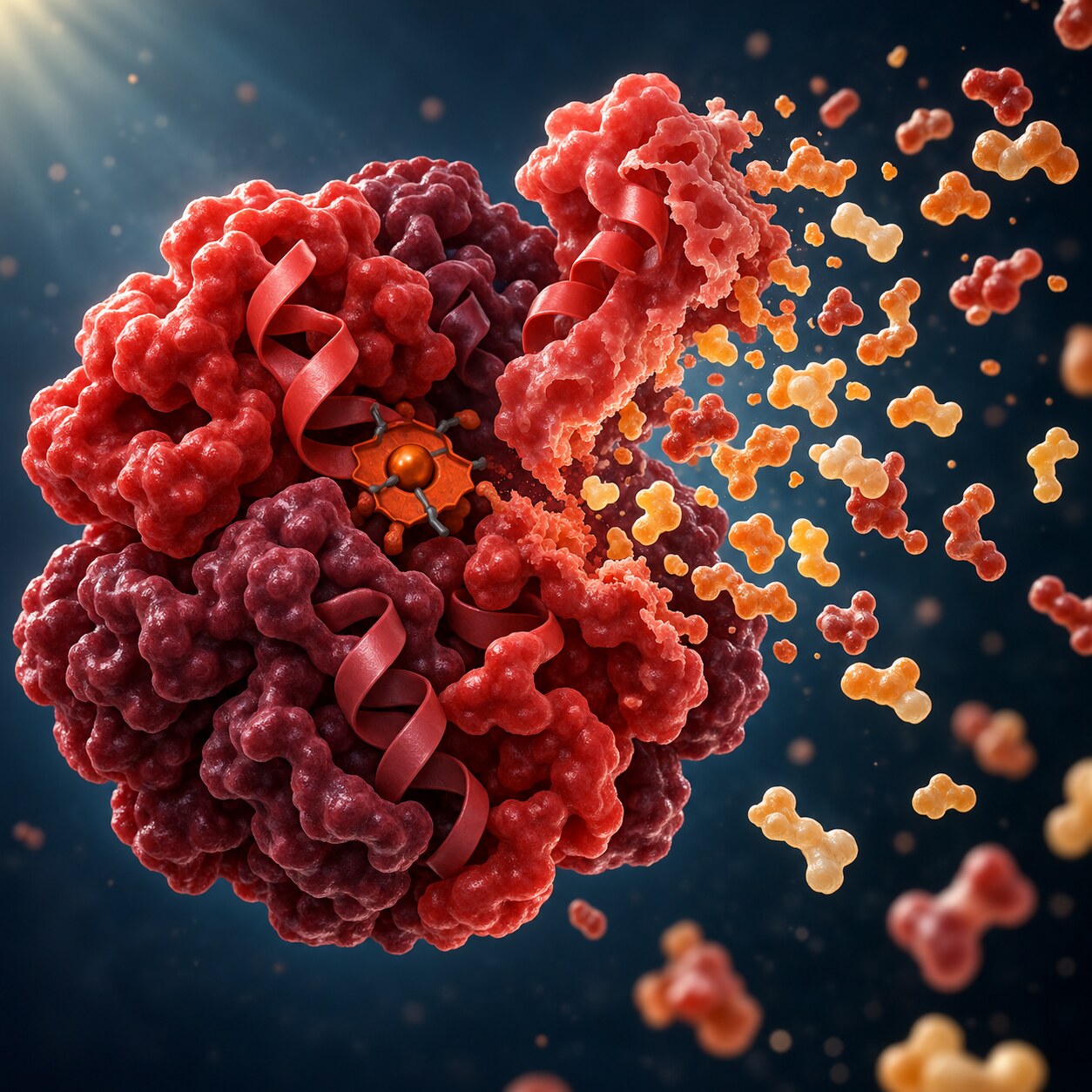 Close-up illustration of a hemoglobin protein molecule breaking apart into individual amino acid components