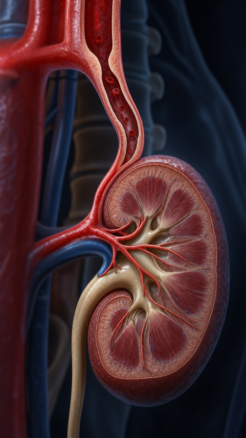 Scientific illustration of reduced blood flow reaching the kidney following significant blood volume loss