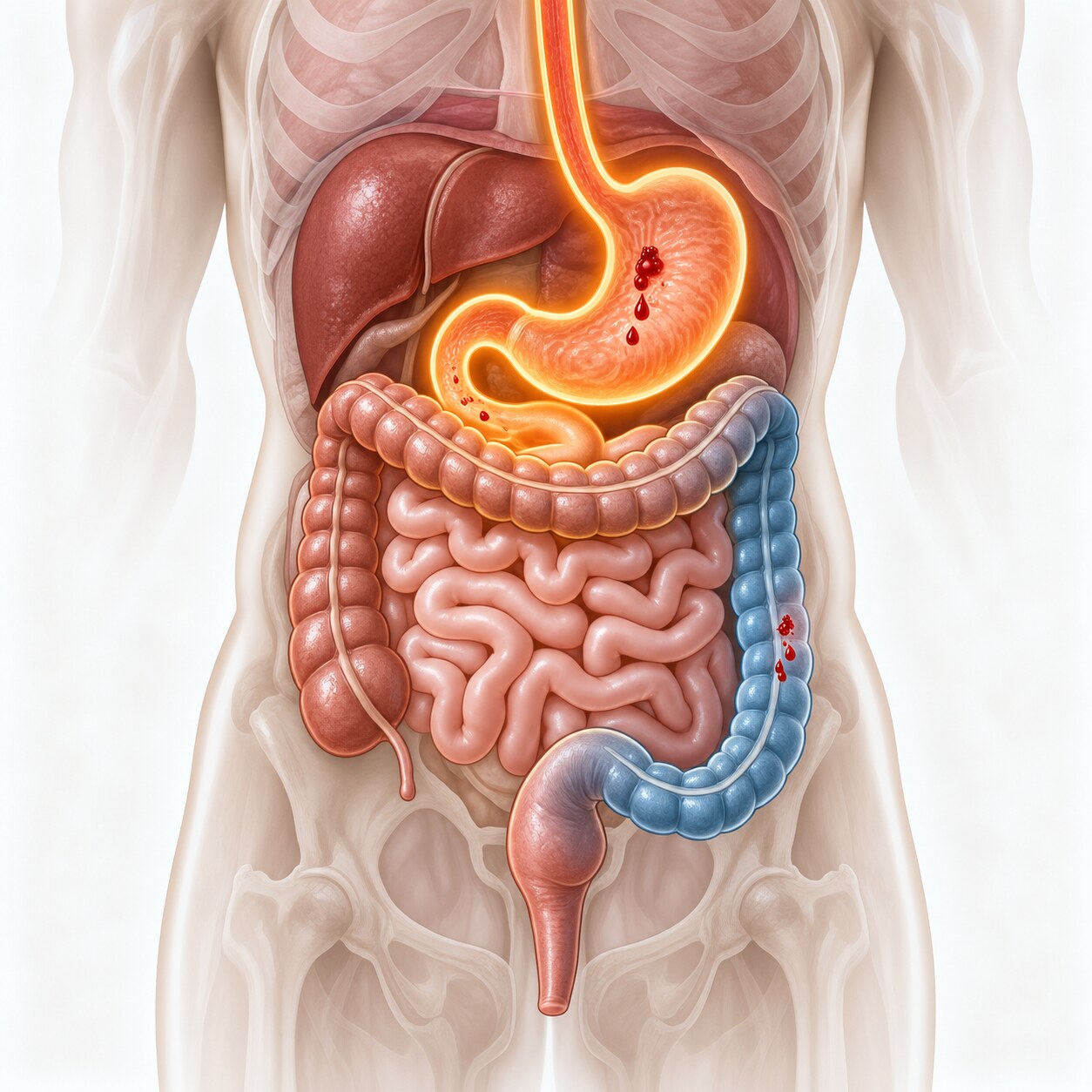 Anatomical illustration comparing upper gastrointestinal bleeding sources with lower gastrointestinal bleeding sources