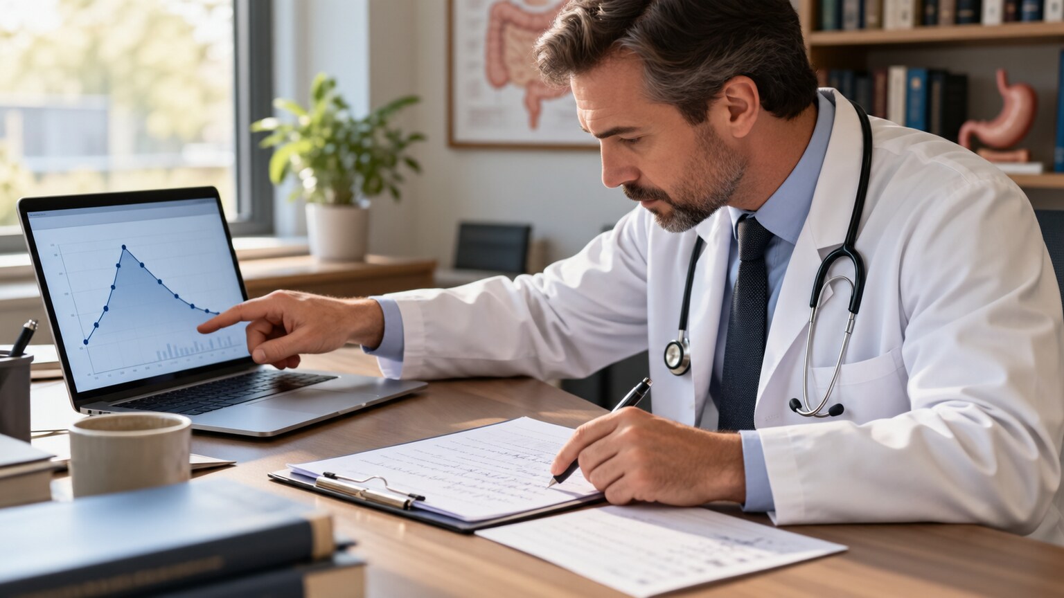 Doctor reviewing a patient's lab results and medical history to determine the cause of an elevated BUN-to-creatinine ratio