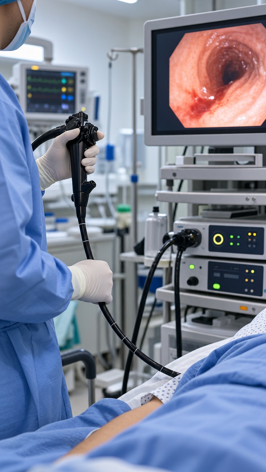 Medical team performing an upper endoscopy procedure to directly visualize and identify a gastrointestinal bleeding source