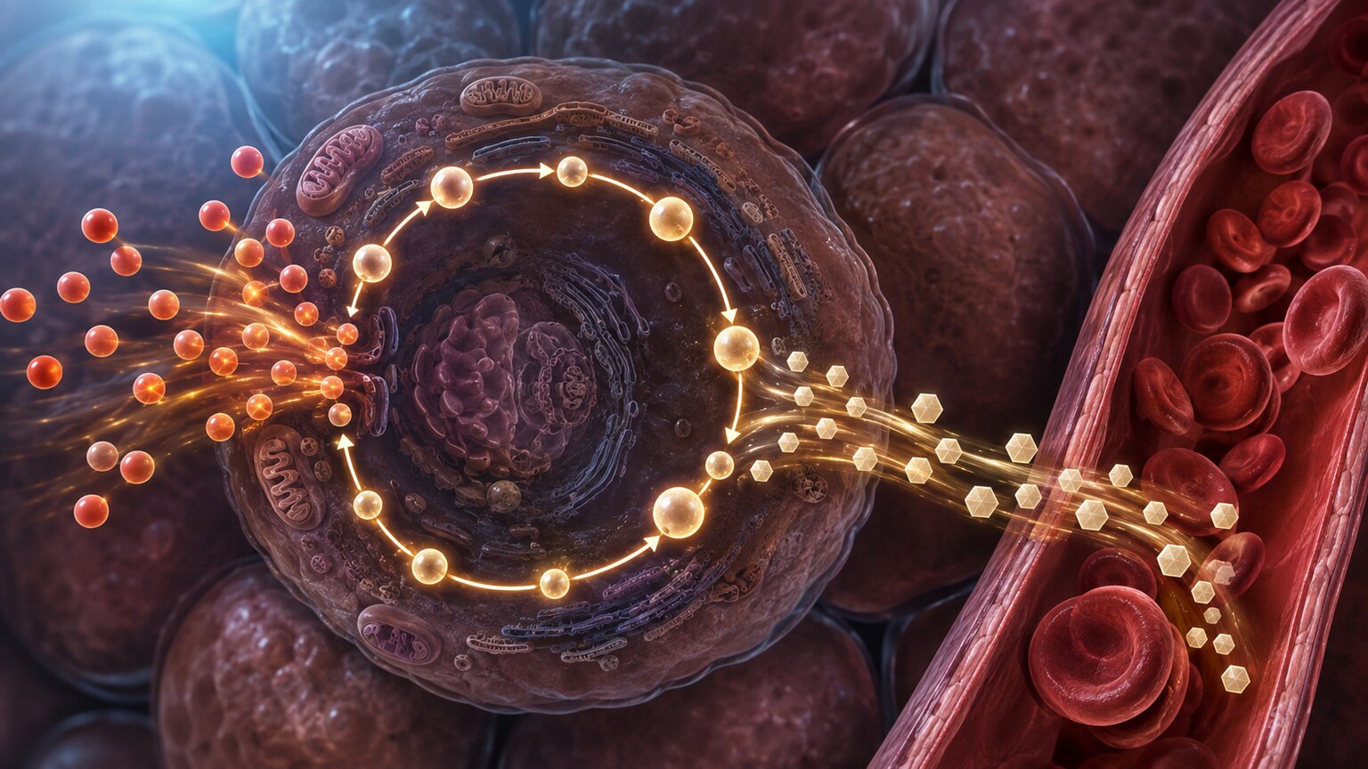 Scientific illustration of the liver's urea cycle converting ammonia into urea, with a visibly reduced output of urea molecules