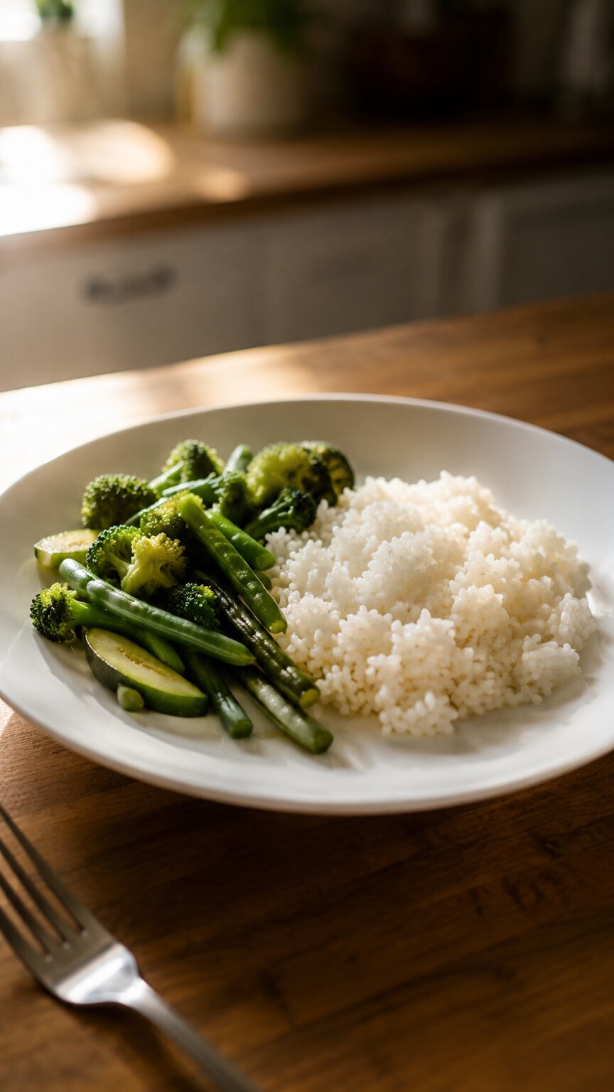 A dinner plate holding only rice and steamed vegetables with no visible protein source, illustrating a low-protein meal pattern