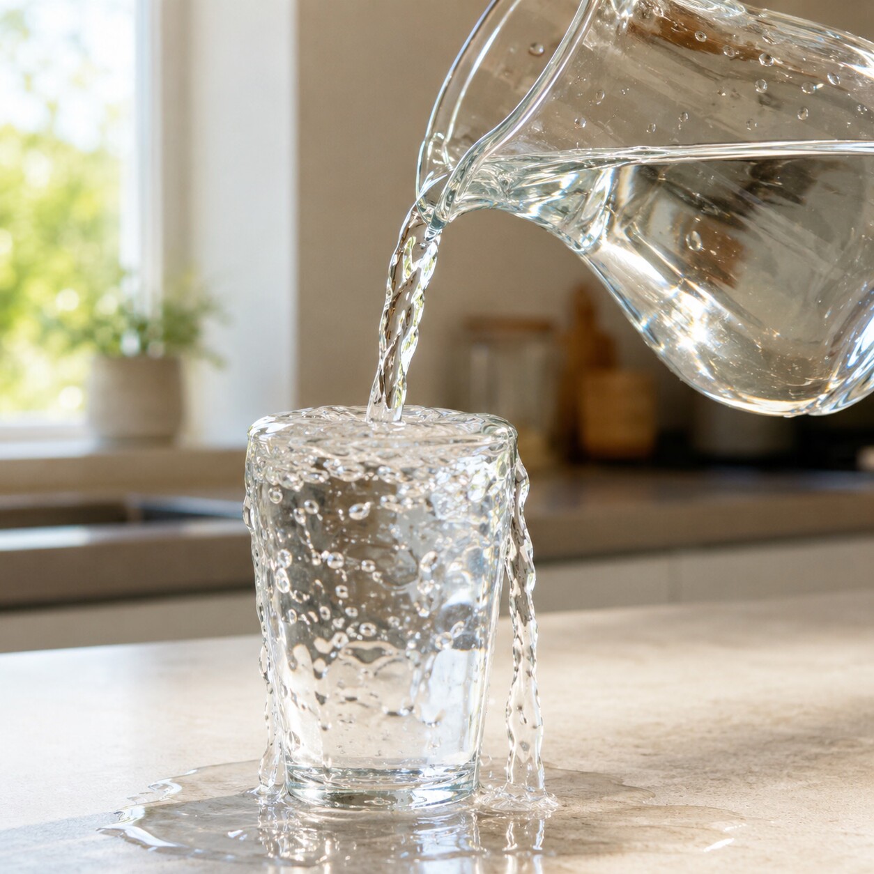 A glass pitcher pouring water into a drinking glass to the point of overflowing, illustrating the dilution effect of excessive fluid intake on blood values